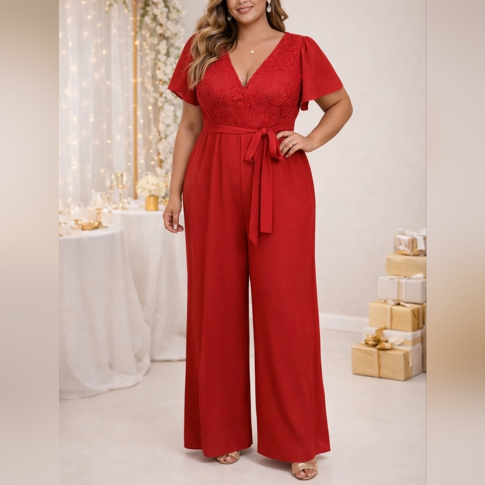 XL Red Lace V-Neck Tie Waist Wide Leg Romper | Elegant Statement Piece